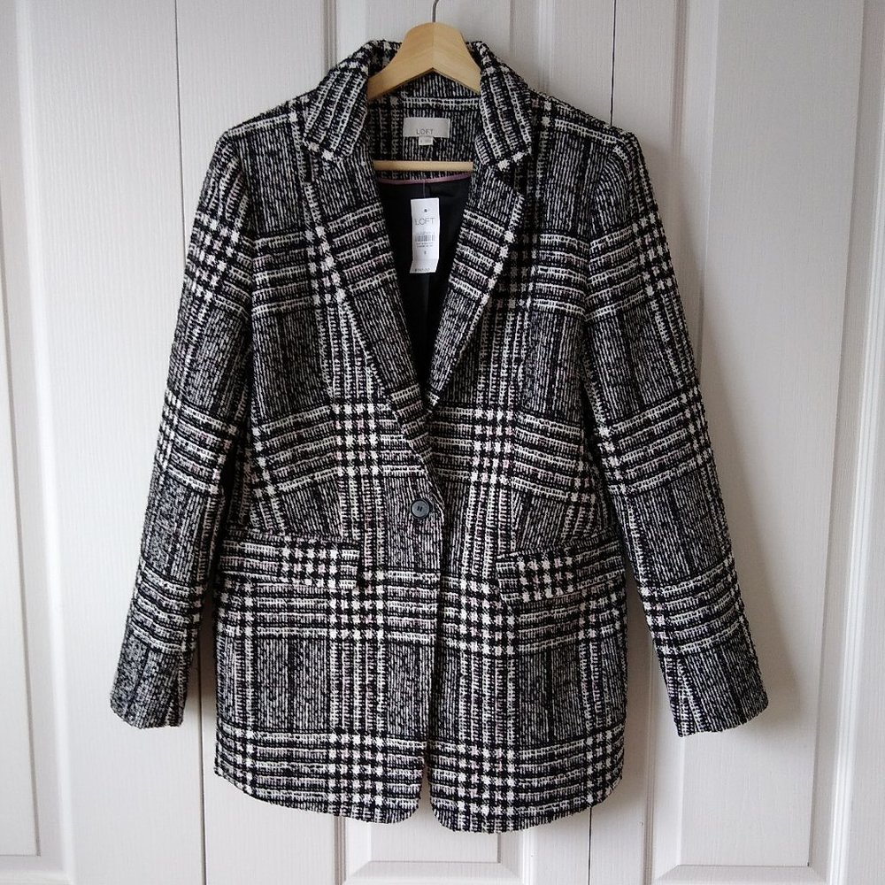LOFT Wool Blend Plaid Longline Tweed Blazer
